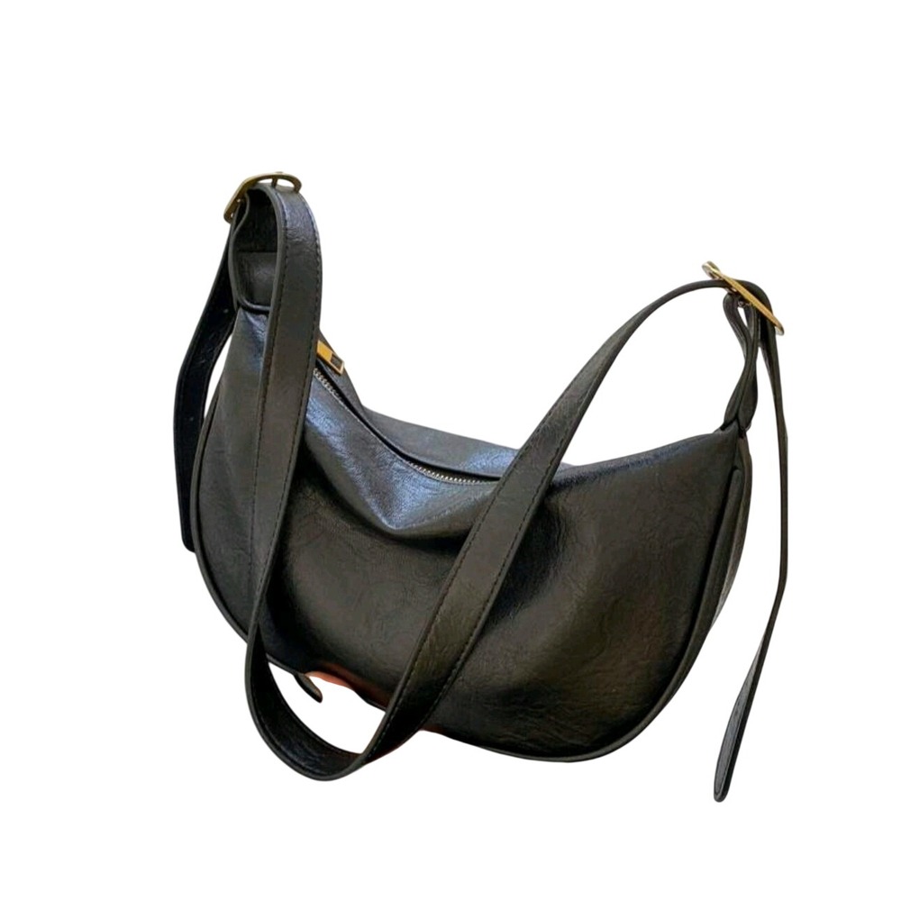 Black Crescent Shoulder Bag‎ Faux Leather Hobo Style Everyday Purse